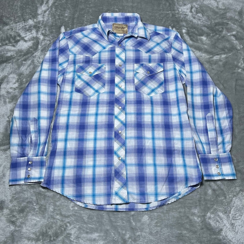 Wrangler Shirt Men Size Medium Pearl Snap Western Cowboy Cotton Long Sleeve Blue